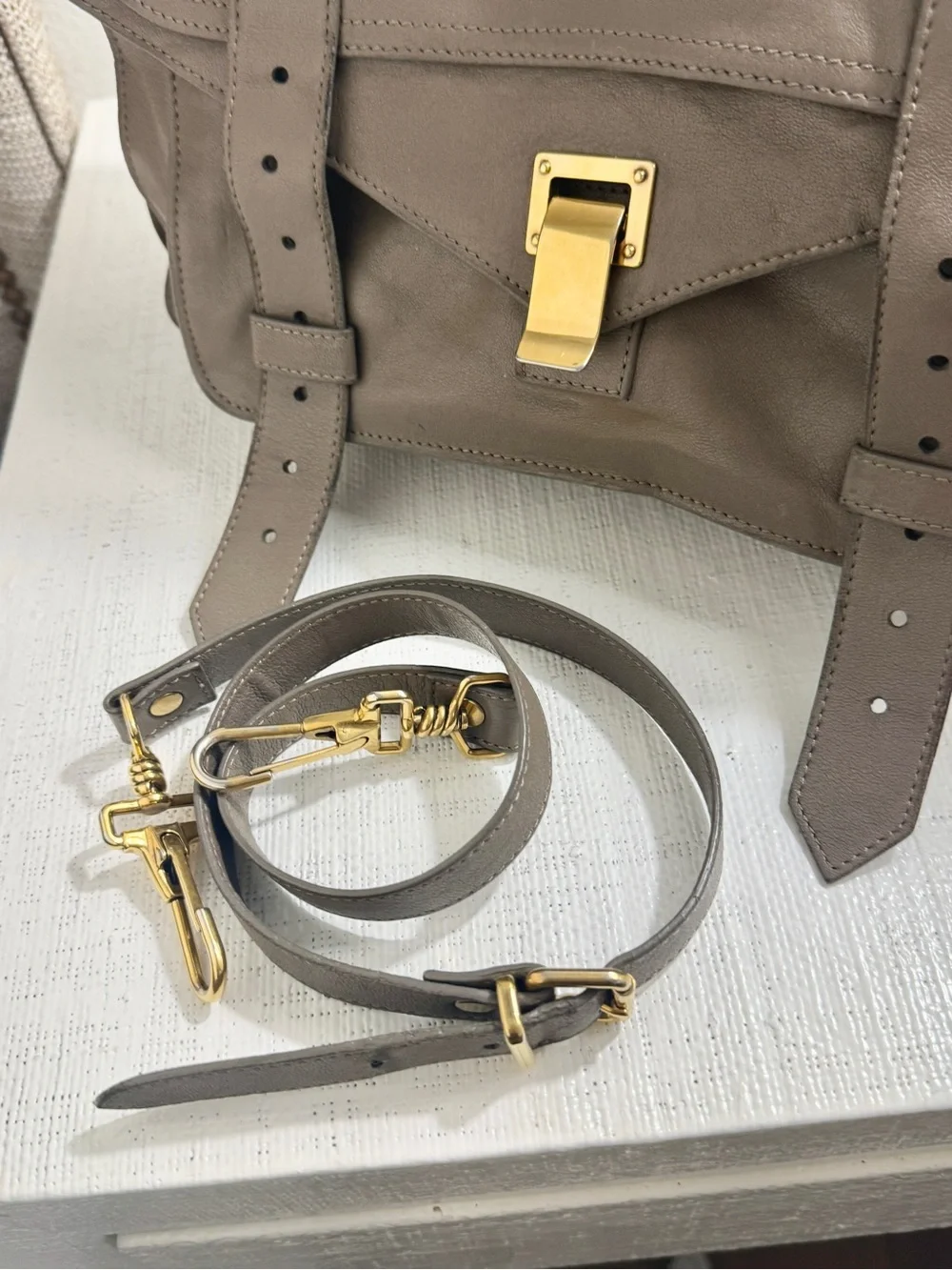 Proenza Schouler Medium PS1 Leather Satchel Bag Taupe Gray Gold Hardware & Strap